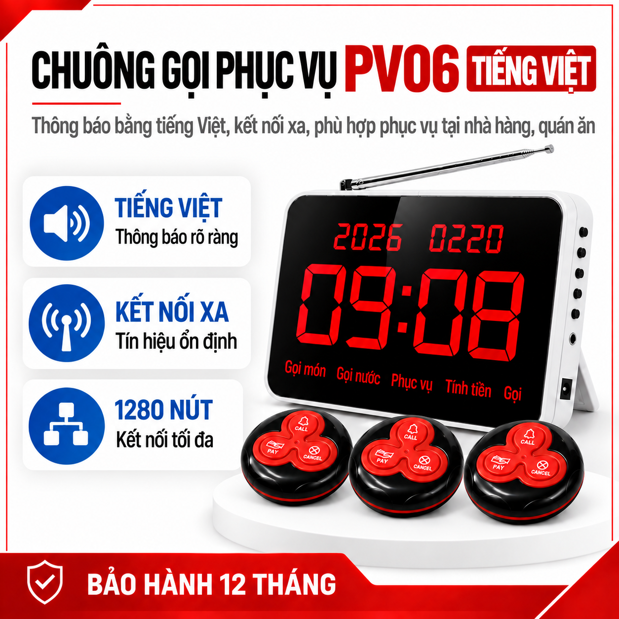 Chuông Gọi Phục Vụ Không Dây PV06-TV Tiếng Việt