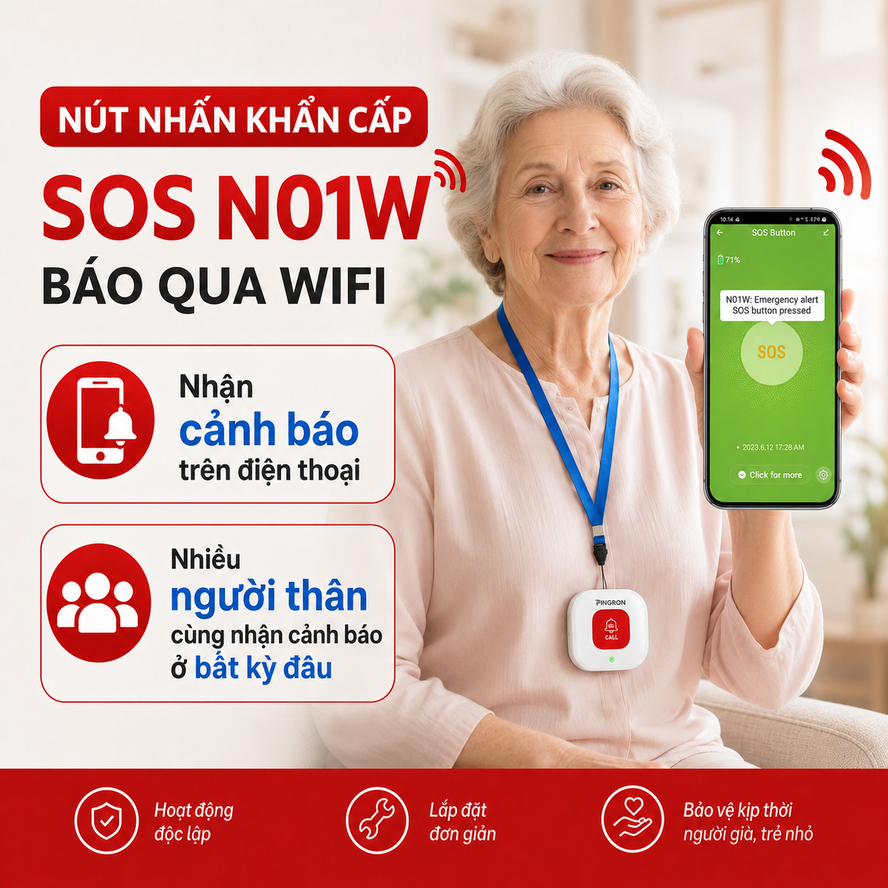 Chuông Báo Khẩn Cấp Cho Người Già PIGRON N01W | Nút Nhấn Khẩn Cấp Báo Về Điện Thoại