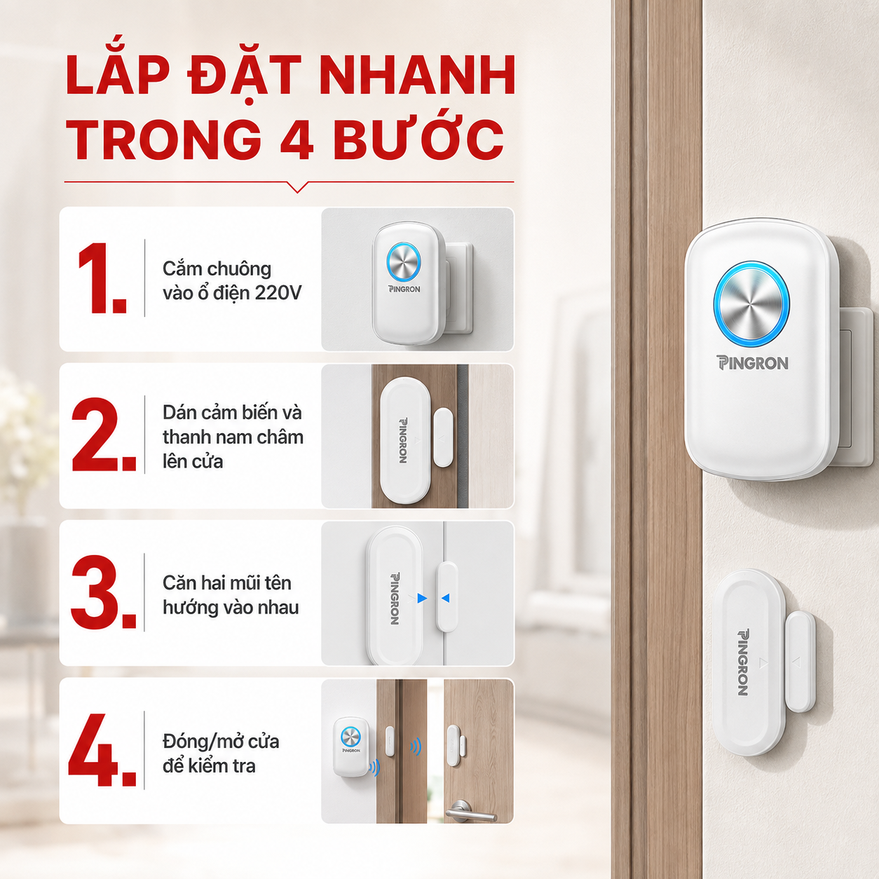 Hướng dẫn lắp chuông báo khách gắn cửa PINGRON C10 trong 4 bước