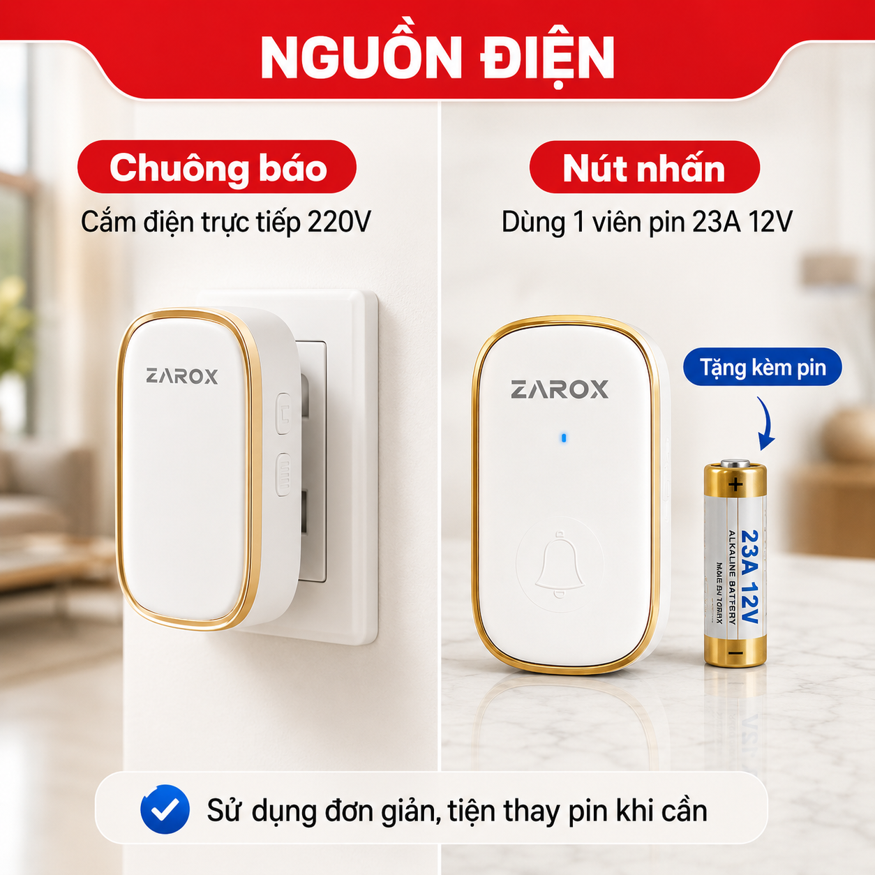 Nguồn điện ZAROX ZD02 chuông dùng 220V và nút nhấn dùng pin 23A 12V