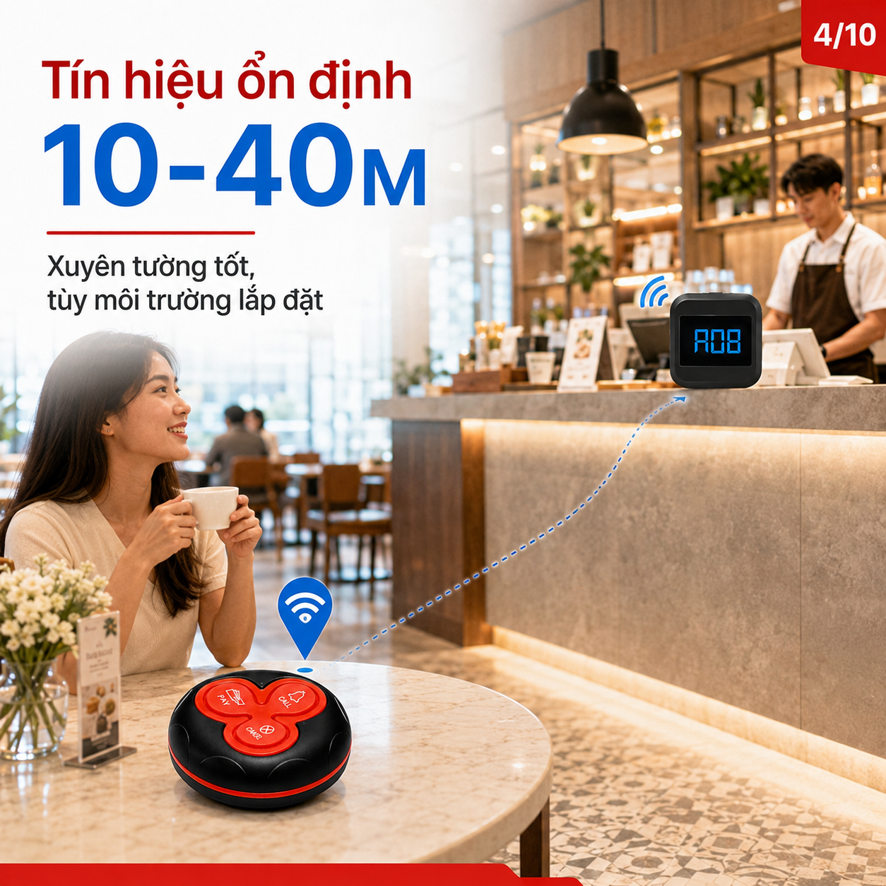 Chuông gọi phục vụ PINGRON PV07 kết nối không dây thực tế khoảng 10 đến 40 mét