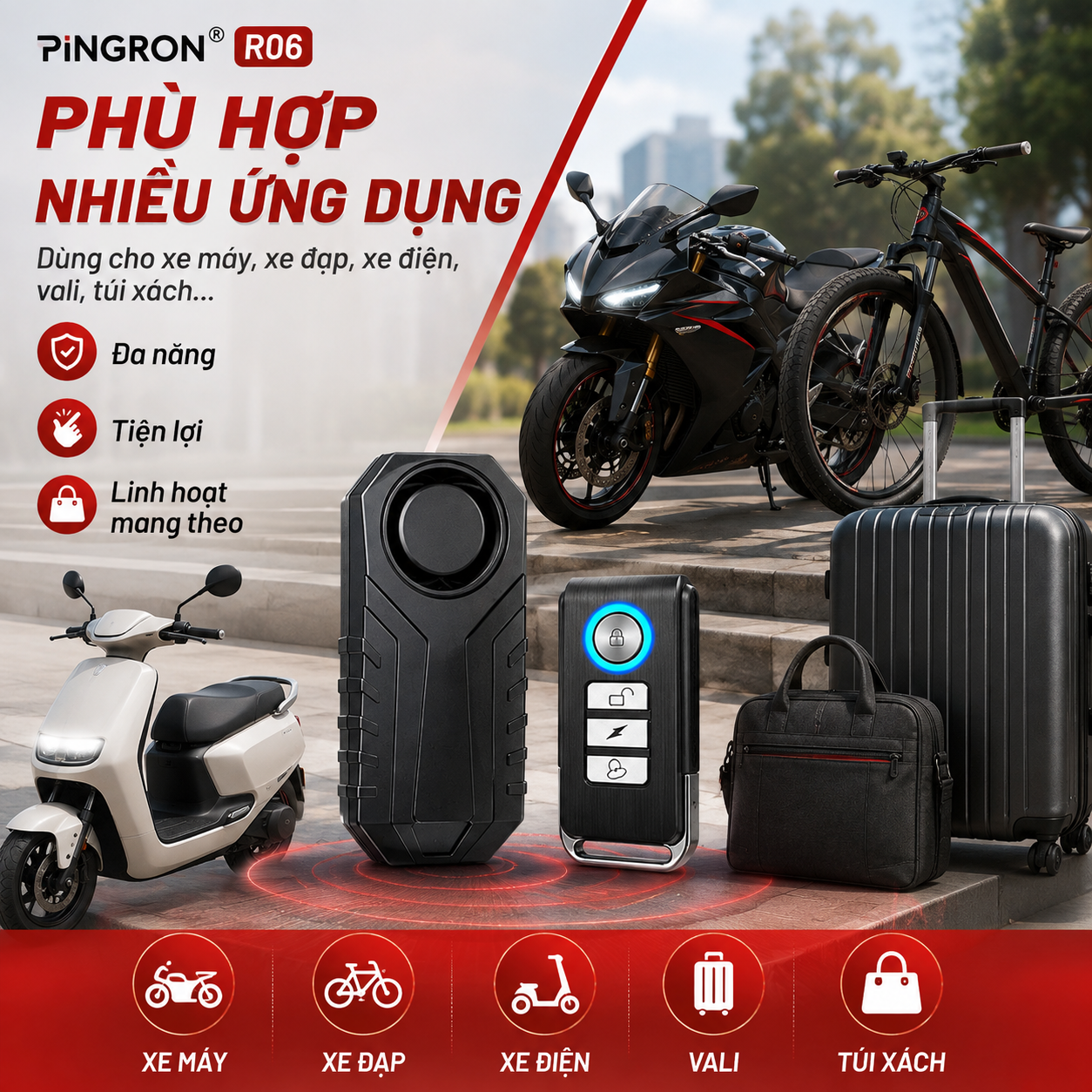 PINGRON R06 dùng cho xe máy xe đạp xe điện vali và túi xách