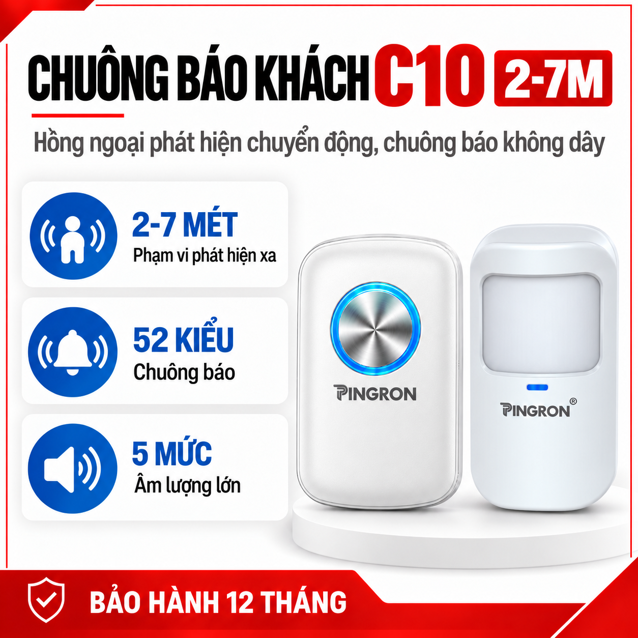 Chuông Báo Khách Hồng Ngoại Cho Cửa Hàng Pingron C10 | Khoảng Cách Quét Xa 2-7M