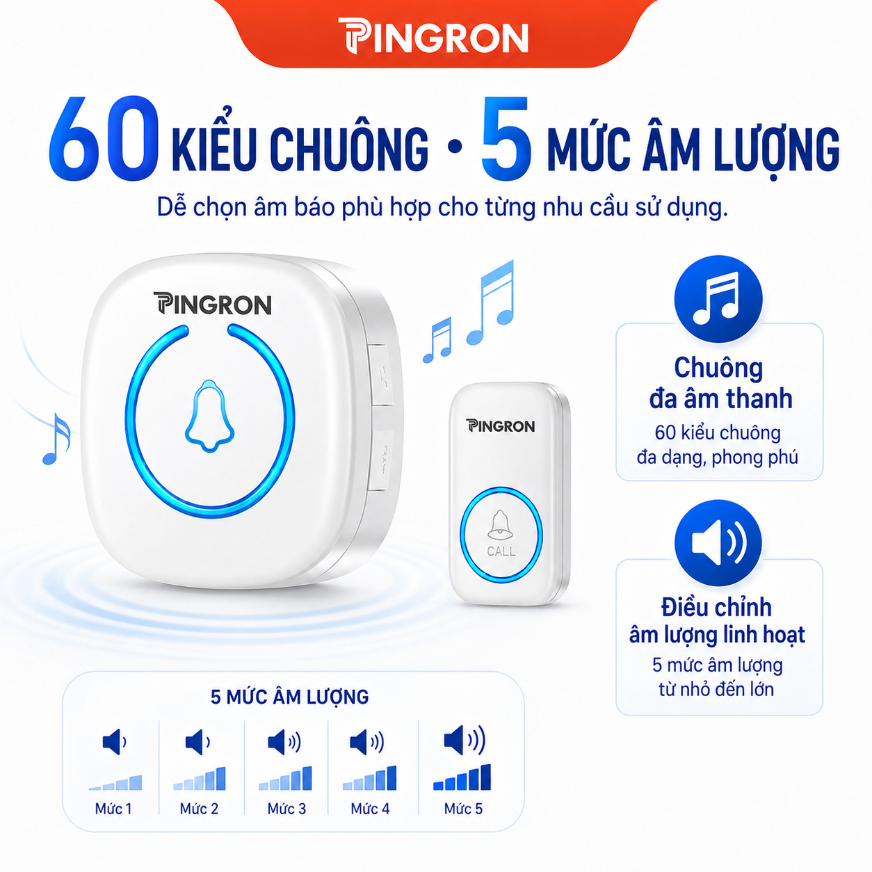 Chuông Báo Khẩn Cấp Người Già PINGRON DB06 Không Dây, Nút Nhấn Đeo Cổ, 60 Kiểu Chuông, 5 Mức Âm Lượng – ảnh 5