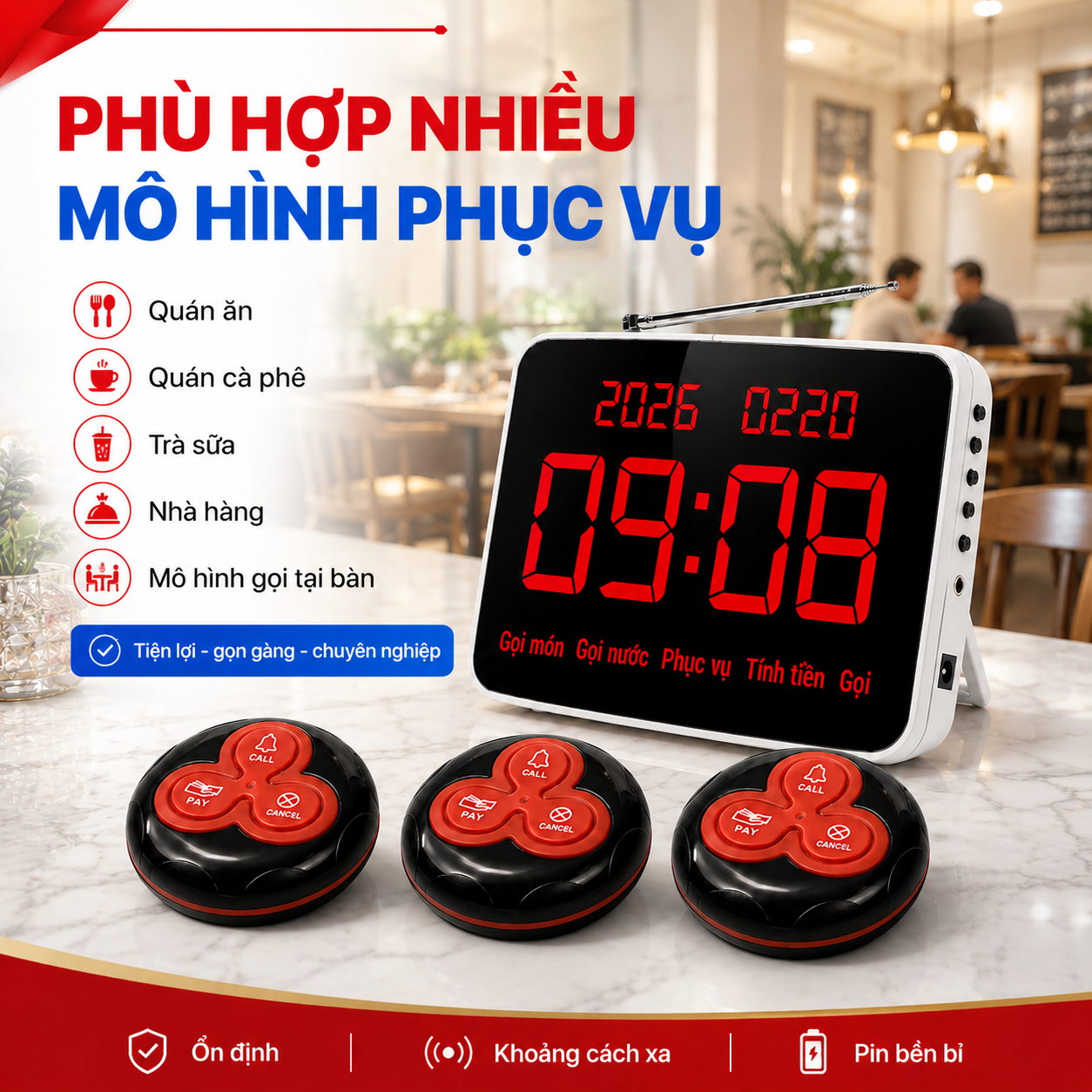 Chuông gọi phục vụ PV06-TV dùng cho quán ăn cà phê trà sữa và nhà hàng