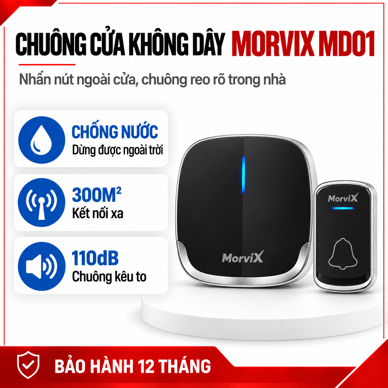 Chuông Cửa Không Dây MorviX MD01 | Chống Nước, 53 Kiểu Chuông
