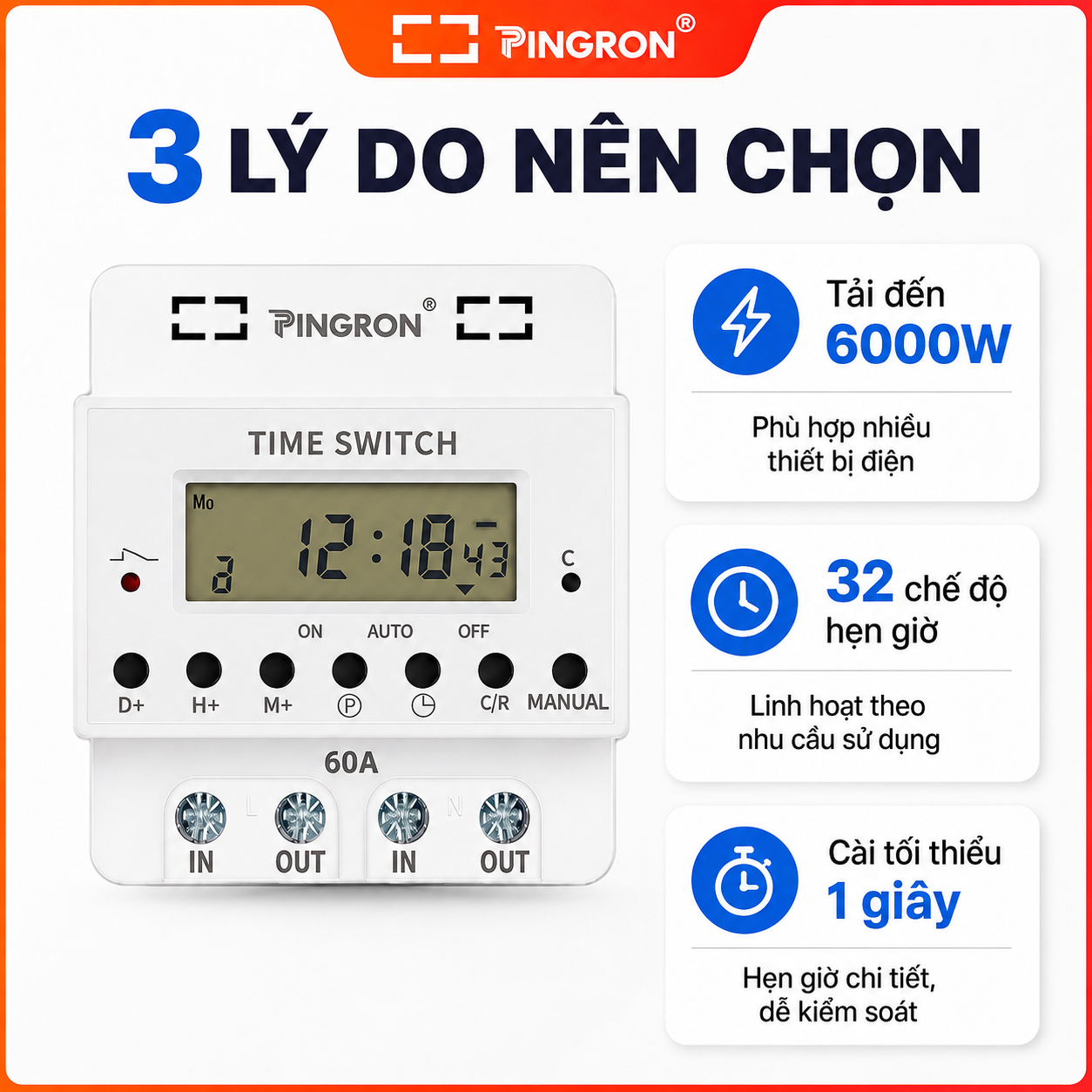 Công tắc hẹn giờ công suất lớn PINGRON HG60/HG80 220V – ảnh 2