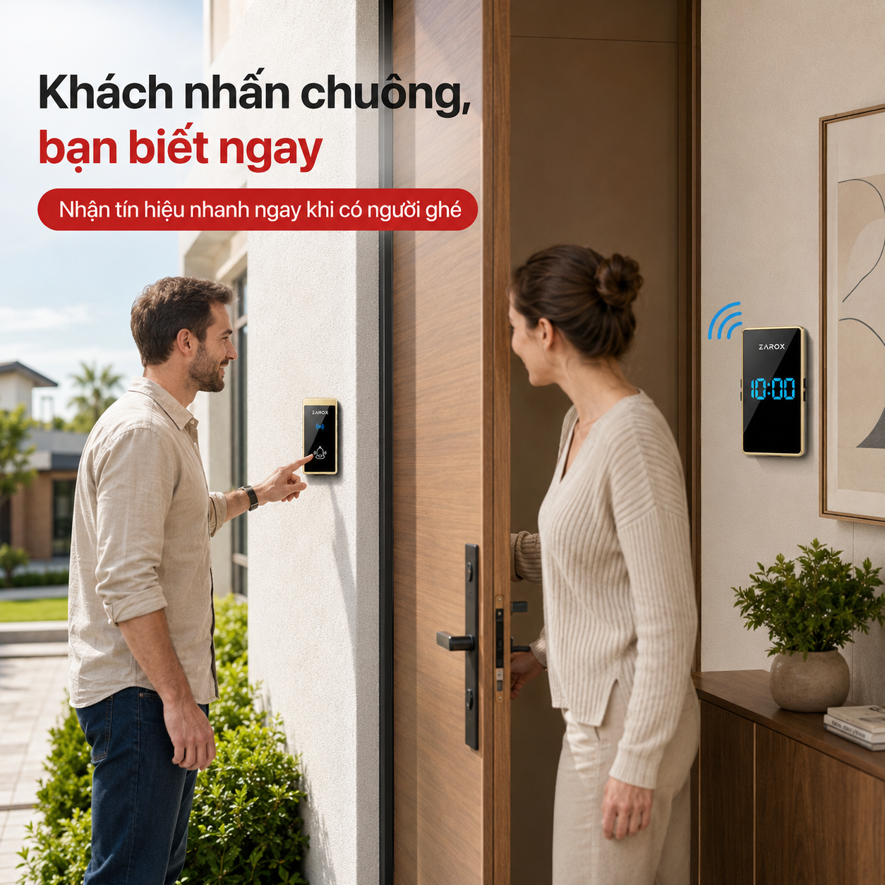 Khách nhấn nút chuông ZAROX ZD07 ngoài cửa và chuông trong nhà nhận tín hiệu