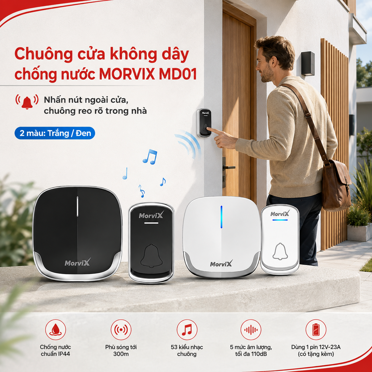 Chuông Cửa Không Dây MorviX MD01 | Chống Nước, 53 Kiểu Chuông