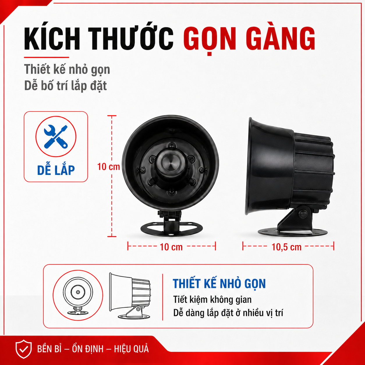Còi báo động S02 góc chính diện và bên hông minh họa thiết kế gọn