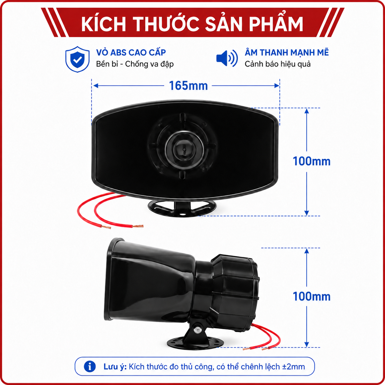 Kích thước còi hú báo động S09 khoảng 165 x 100 x 100 mm