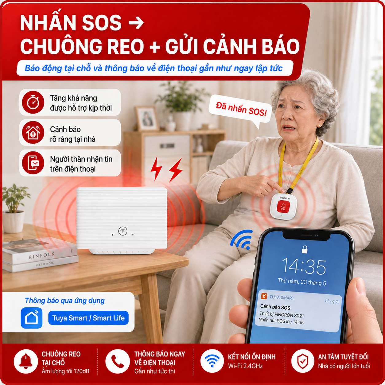 Chuông Báo Cho Người Già PINGRON S021 | Cảnh Báo Tại Chỗ Và Báo Qua Điện Thoại – image 2