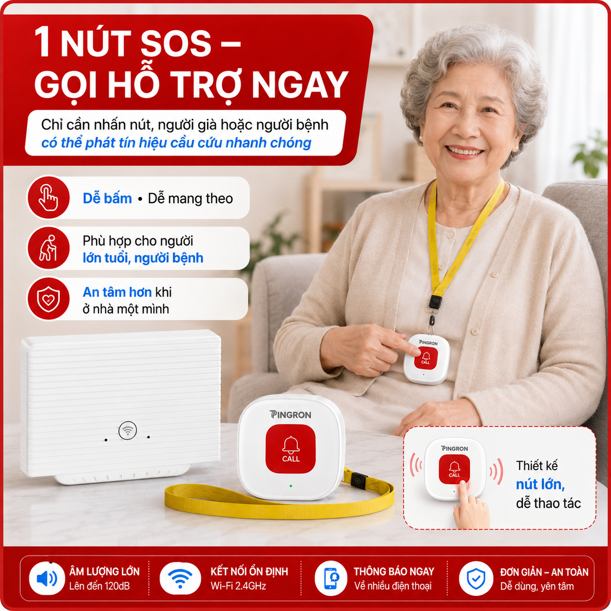 Chuông Báo Cho Người Già PINGRON S021 | Cảnh Báo Tại Chỗ Và Báo Qua Điện Thoại – image 9