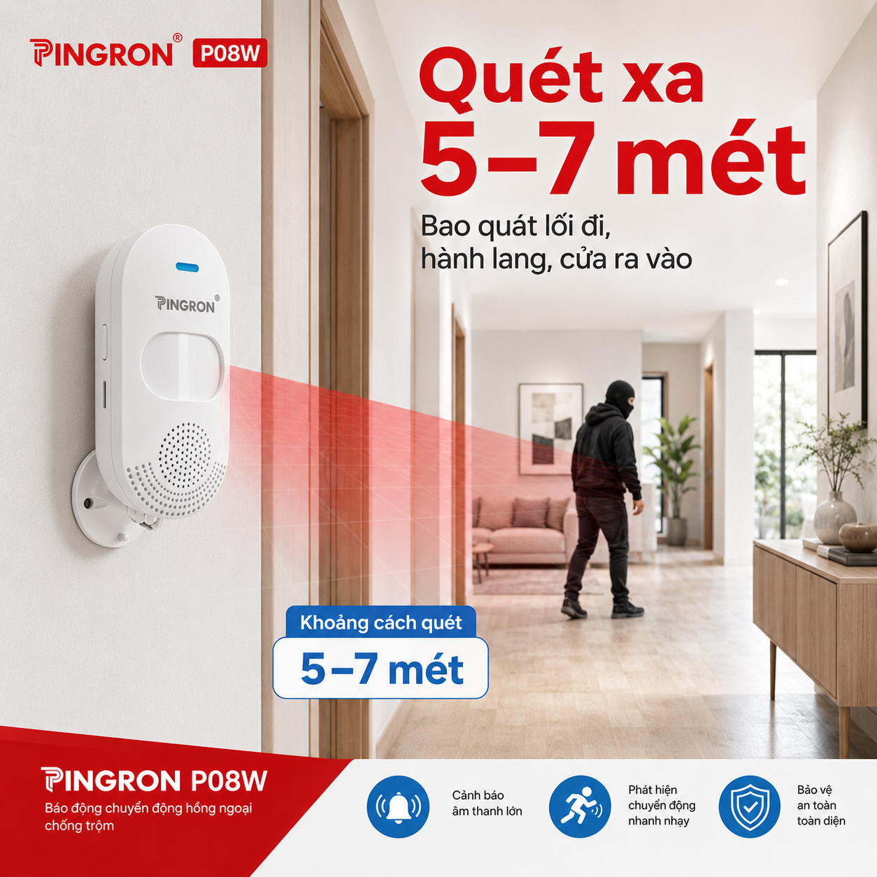 Cảm biến hồng ngoại Pingron P08W quét chuyển động trong khoảng cách 5 đến 7 mét