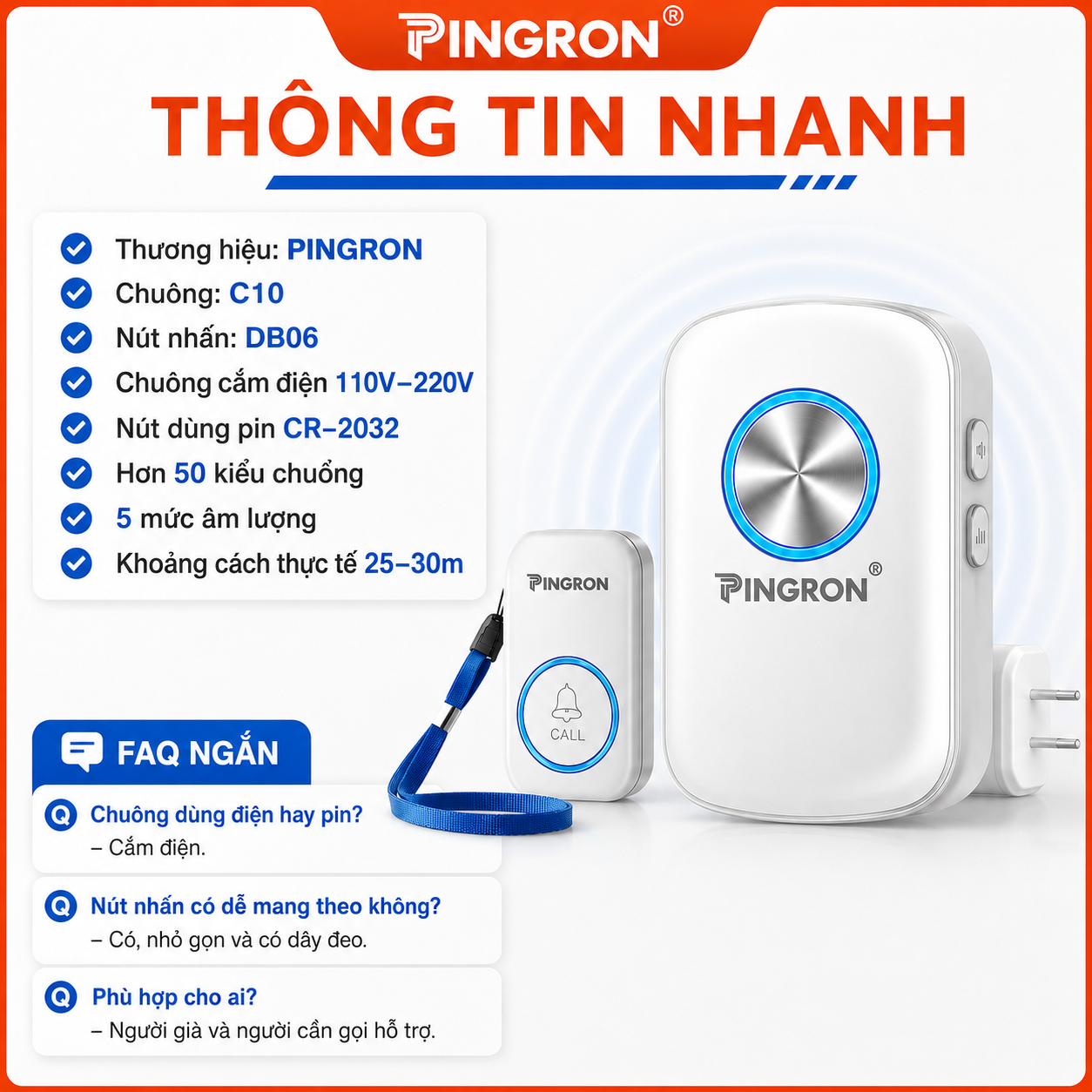 Chuông báo động khẩn cấp SOS PINGRON C10 + nút nhấn DB06 cho người già – image 9