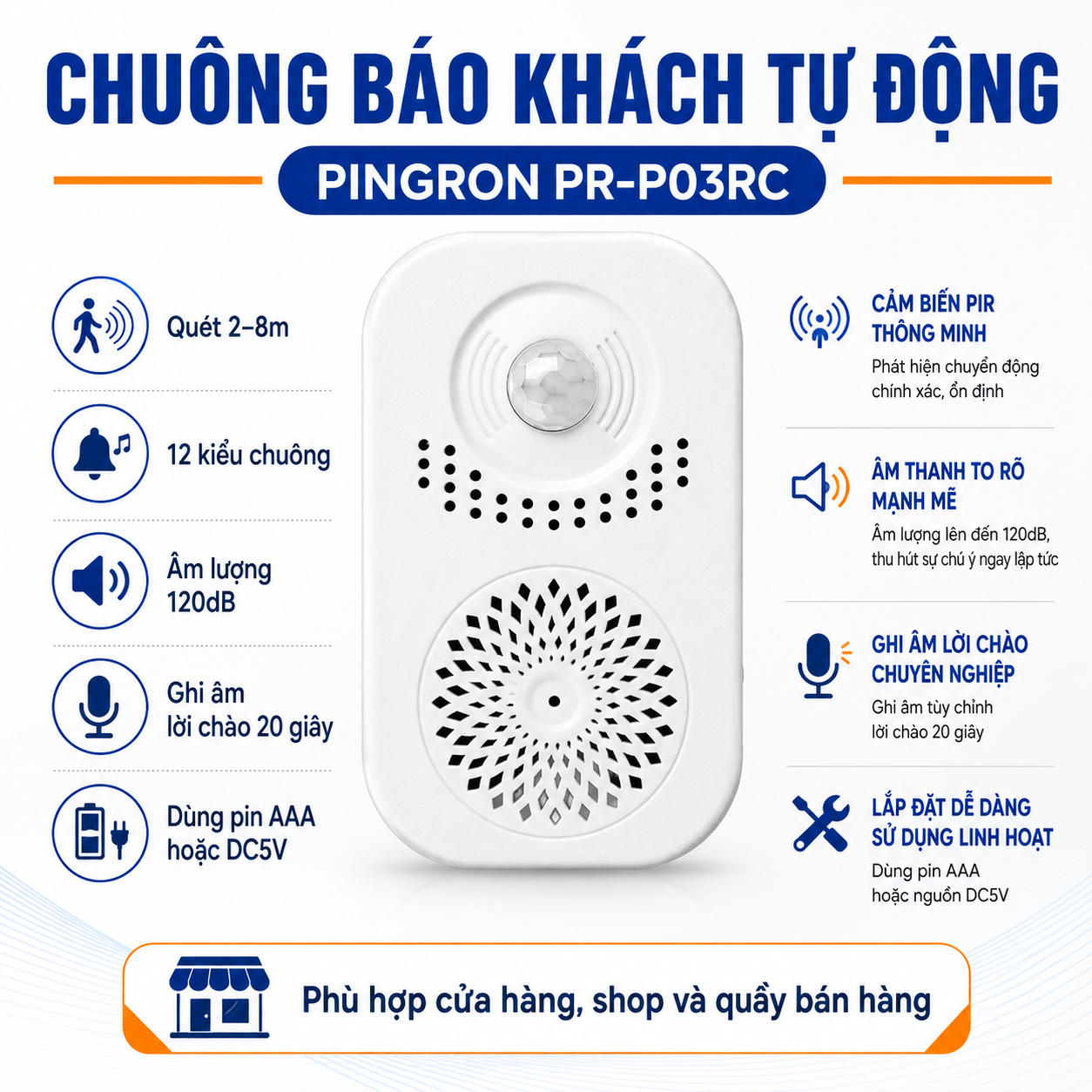 Chuông Báo Khách Tự Động PINGRON PR-P15RC Cảm Biến Hồng Ngoại, Ghi Âm Tiếng Việt