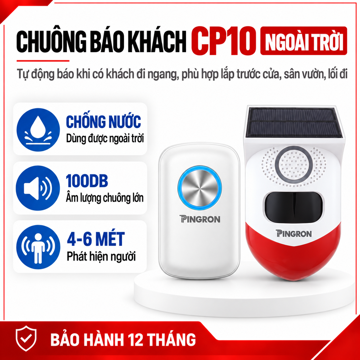 Chuông Báo Khách Ngoài Trời PINGRON CP10 | Chống Nước, Khoảng Cách Quét Xa 4-6 Mét