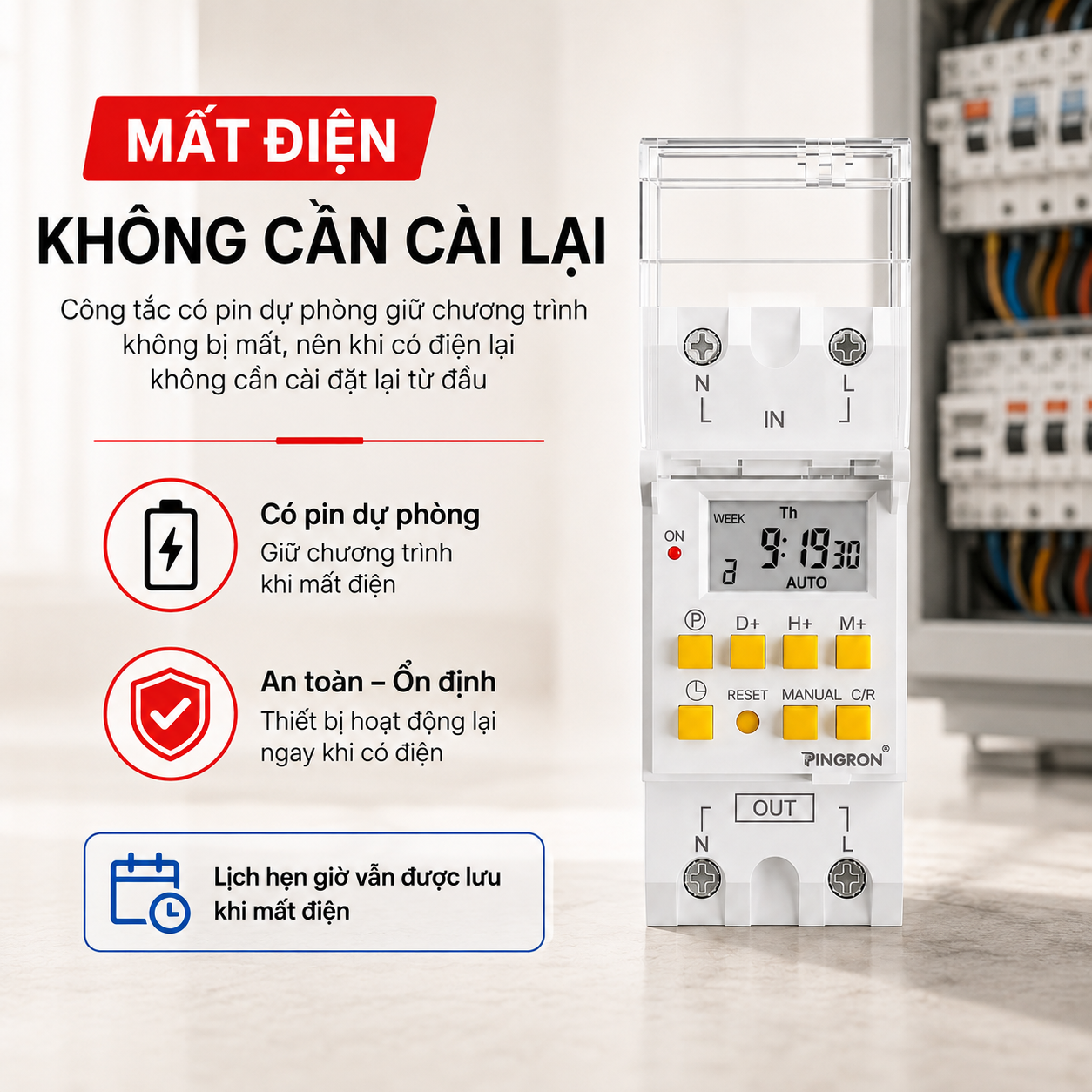 Công Tắc Hẹn Giờ Timer PINGRON HG30 220V 30A – 28 Lần Bật/Tắt – ảnh 4