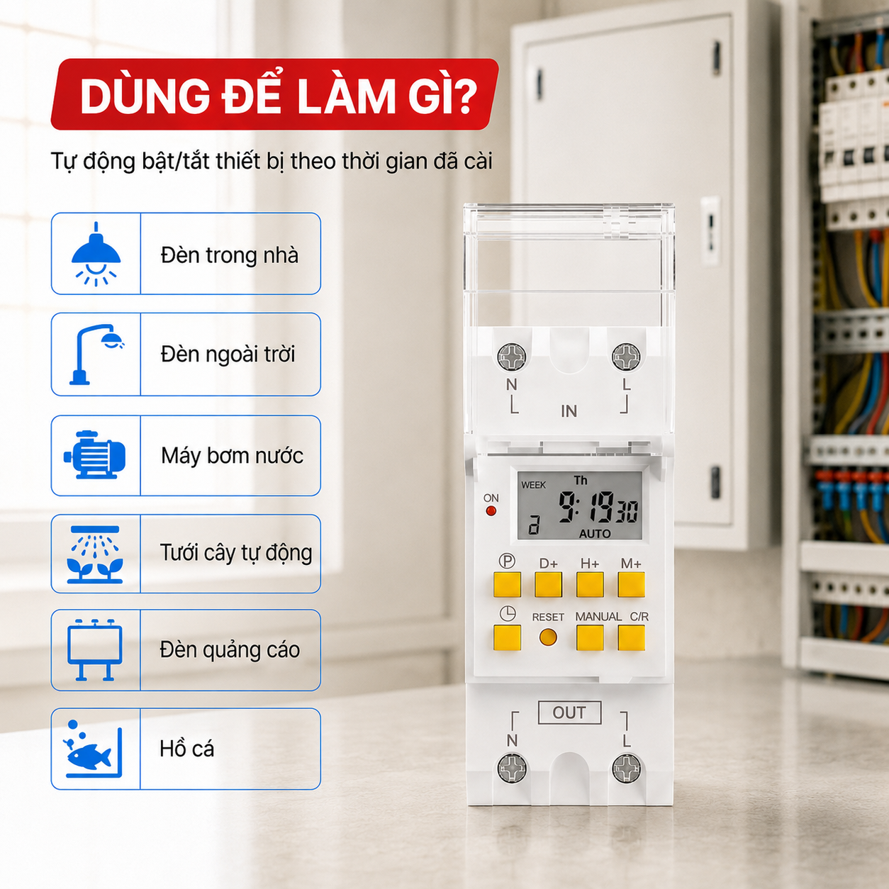 Công tắc hẹn giờ PINGRON HG30 tự động bật tắt đèn máy bơm tưới cây và hồ cá