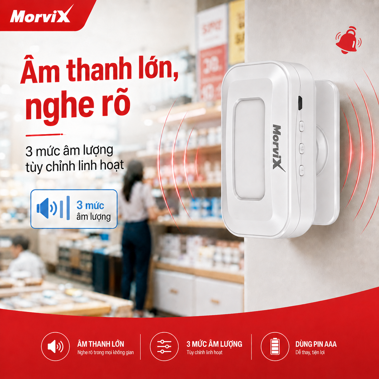 Chuông báo khách MORVIX MD03RC có 3 mức âm lượng tùy chỉnh