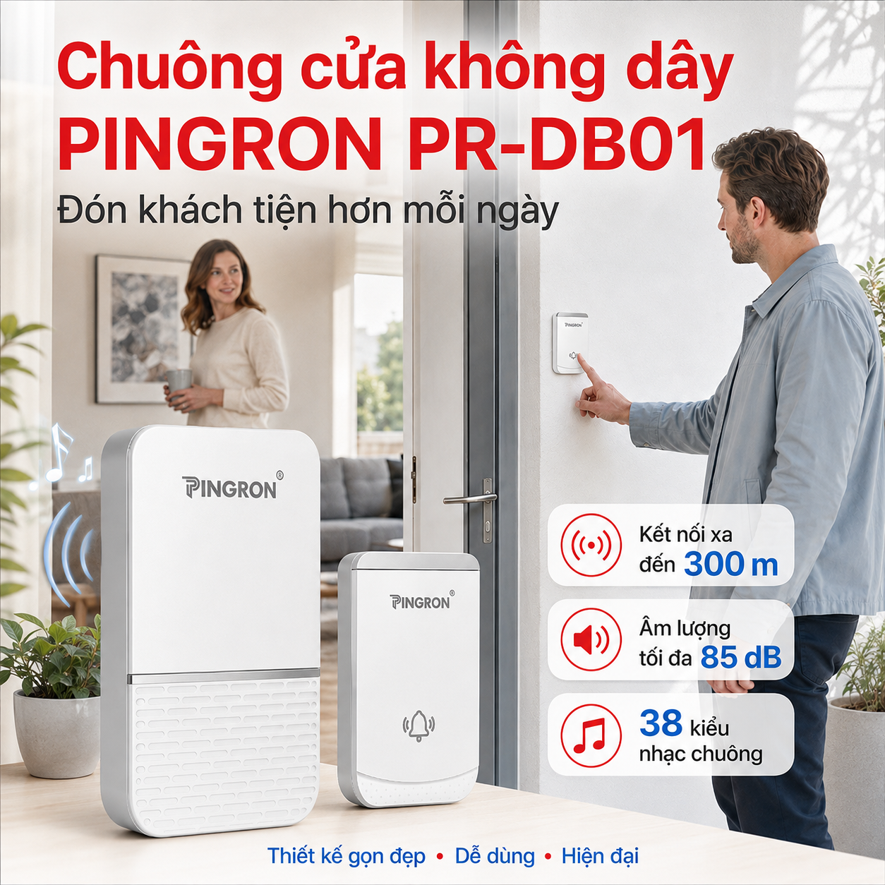 Chuông Cửa Không Dây PINGRON PR-DB01 | Chống Nước, Kết Nối Xa 300m