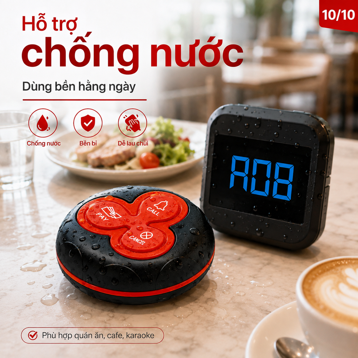 Nút gọi phục vụ PINGRON PV07 hỗ trợ chống nước phù hợp quán ăn cafe và karaoke