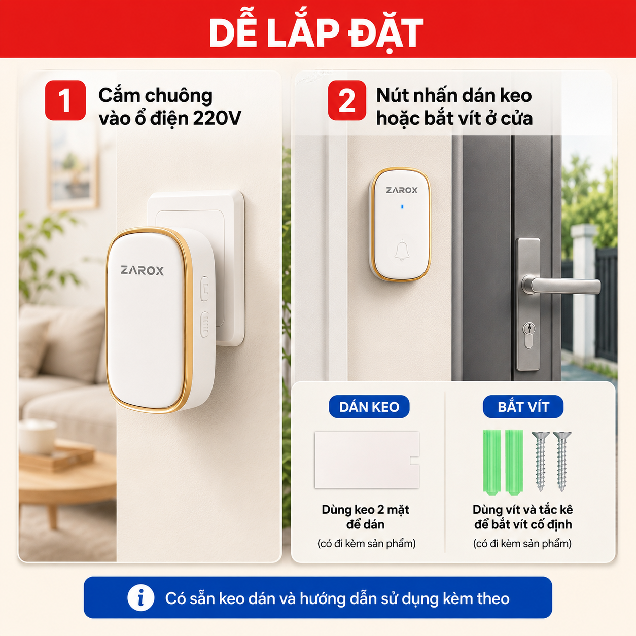 Hướng dẫn lắp chuông ZAROX ZD02 cắm điện và nút nhấn dán keo hoặc bắt vít