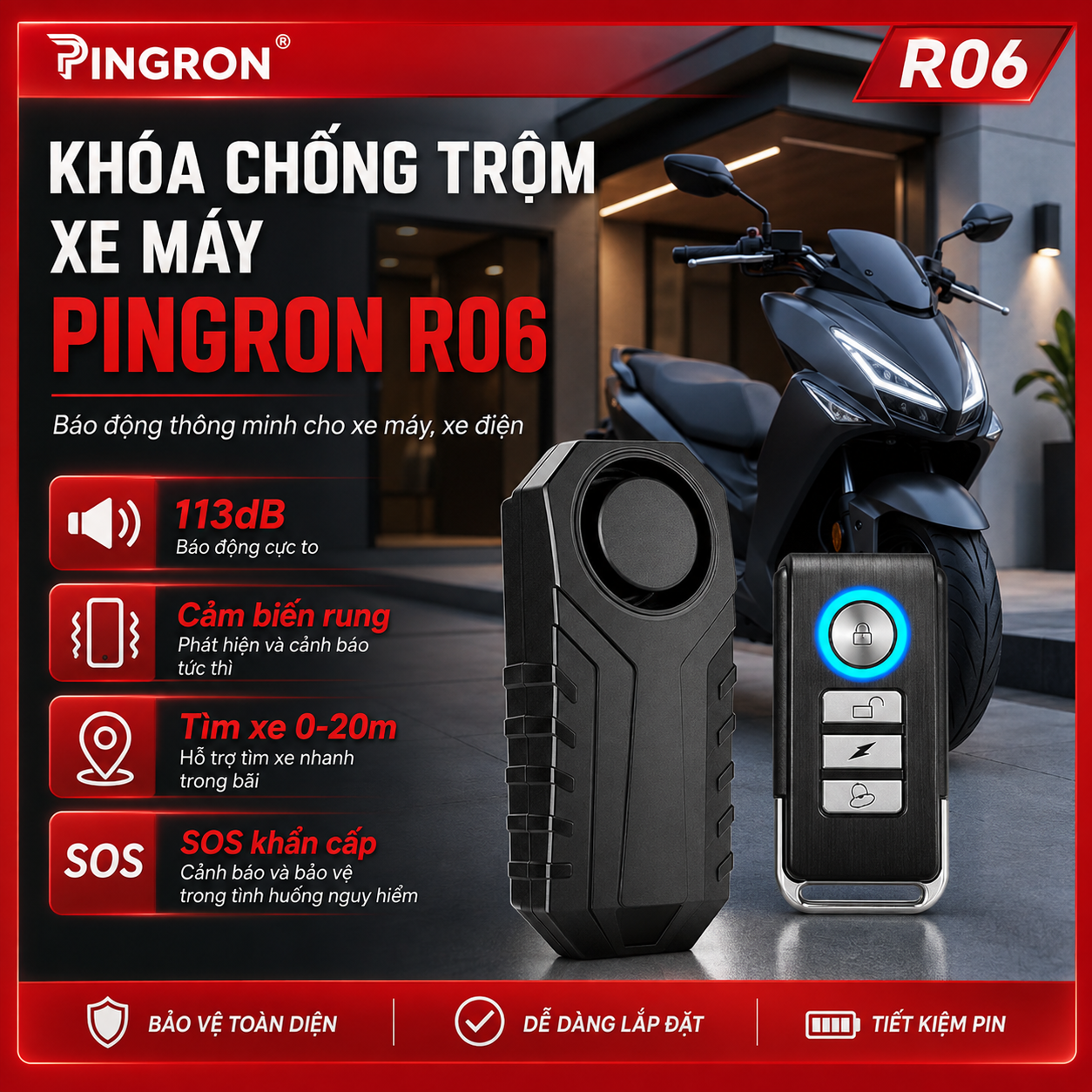 Khóa Chống Trộm Xe Máy PINGRON R06 | Còi Hú To 113dB, Tìm Xe Trong Bãi