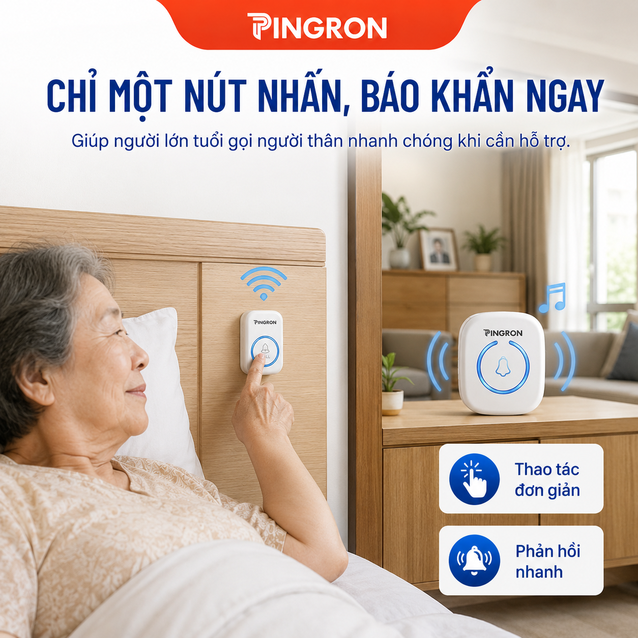 Chuông Báo Khẩn Cấp Người Già PINGRON DB06 Không Dây, Nút Nhấn Đeo Cổ, 60 Kiểu Chuông, 5 Mức Âm Lượng – ảnh 3