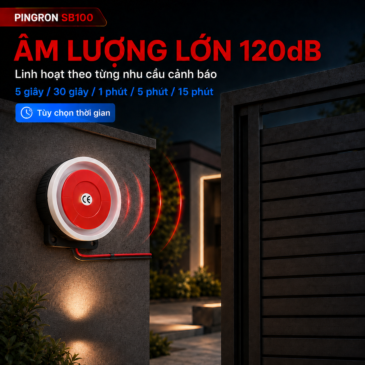 Còi báo động 120 dB của hệ thống PINGRON SB100 với 5 mức thời gian cảnh báo.