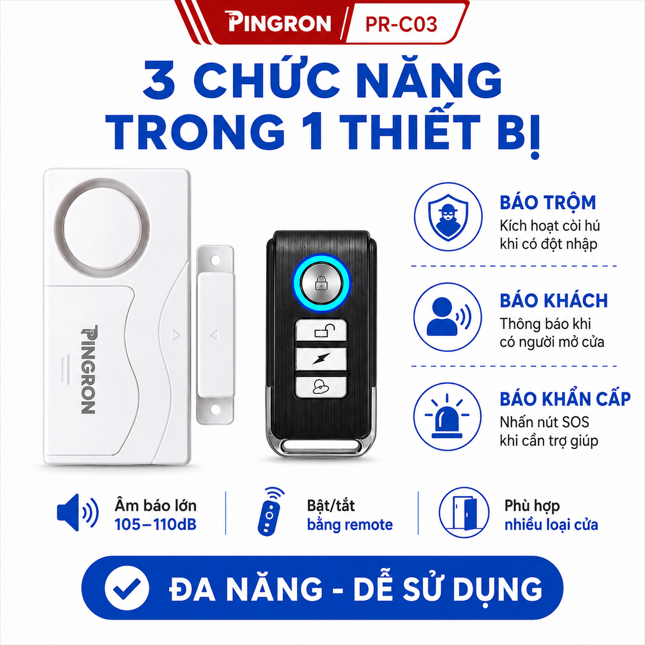 Thiết bị chống trộm gắn cửa PINGRON PR-C03, báo động 105-110dB, 3 chế độ – ảnh 2