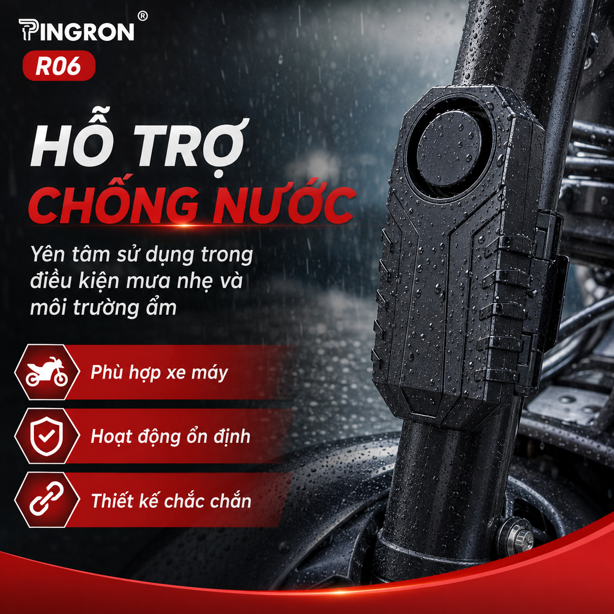 Cảm biến khóa chống trộm xe máy PINGRON R06 hỗ trợ chống nước