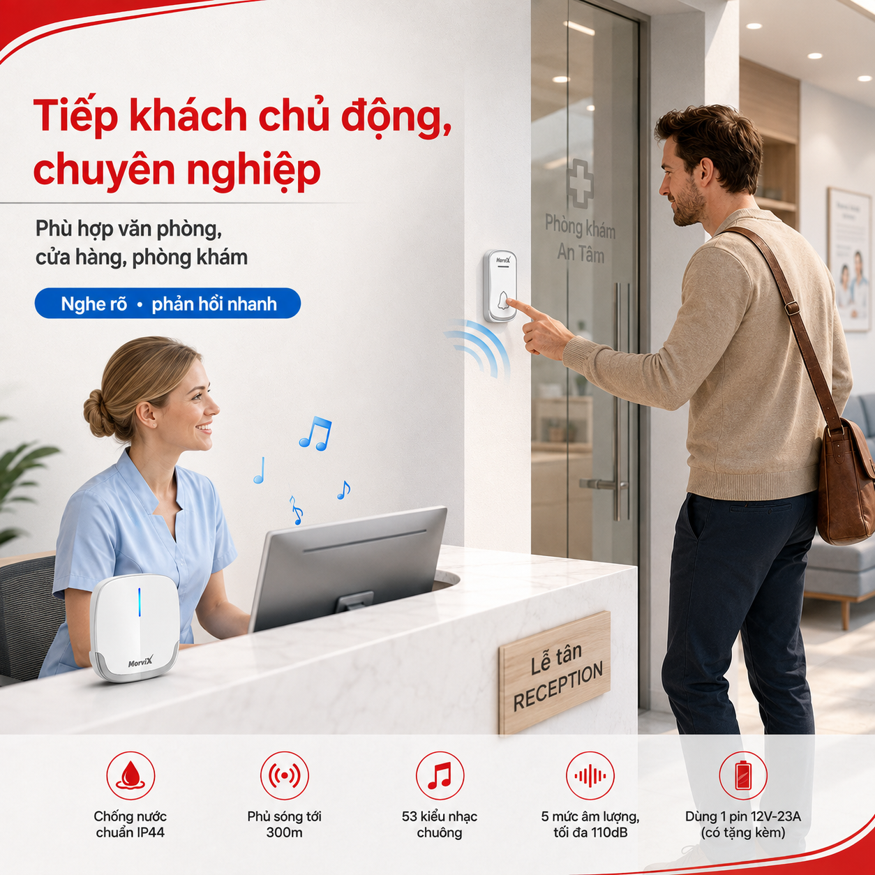 Chuông cửa MORVIX MD01 dùng tại văn phòng cửa hàng và quầy lễ tân