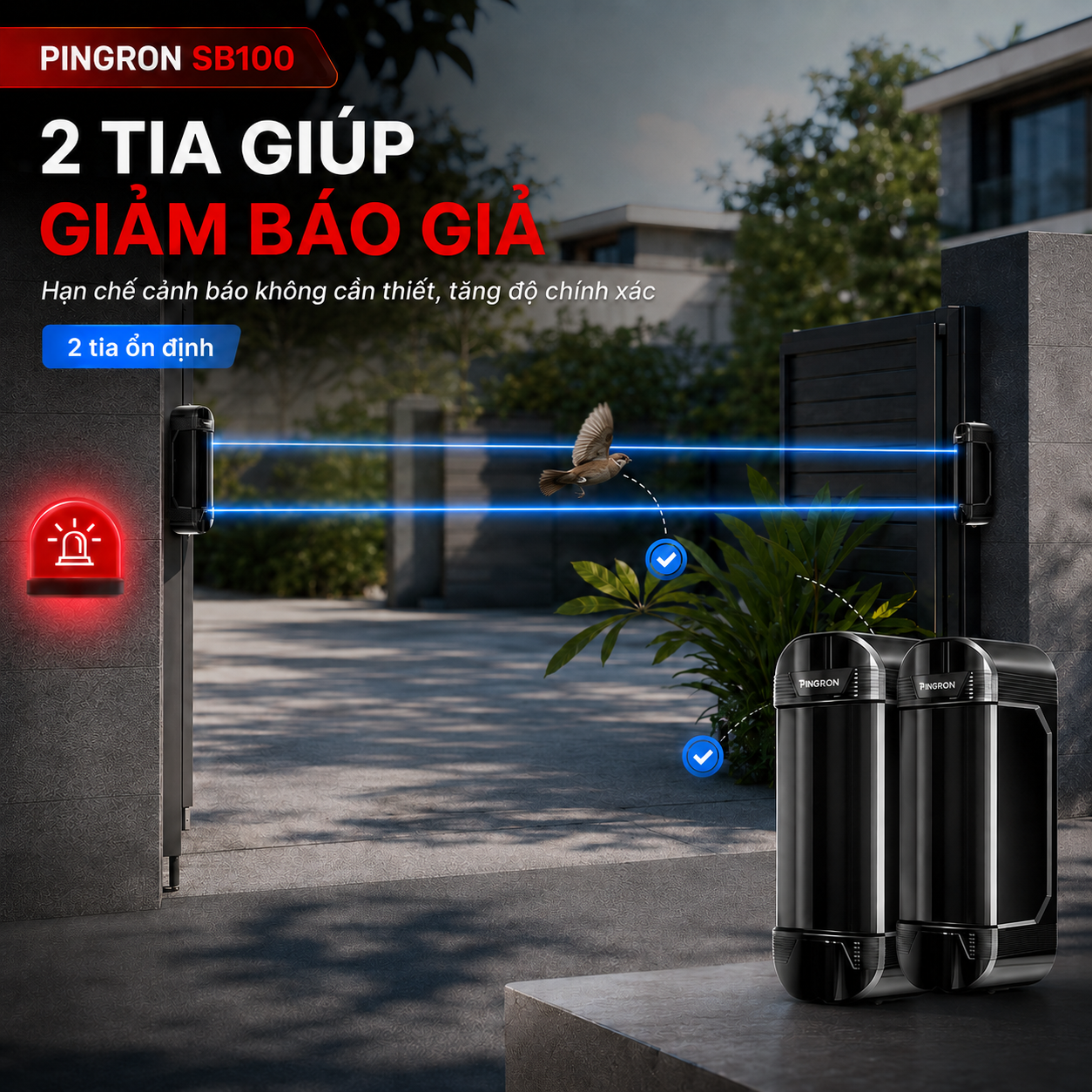 Hàng rào hồng ngoại PINGRON SB100 2 tia giúp hạn chế báo giả khi chim bay ngang.