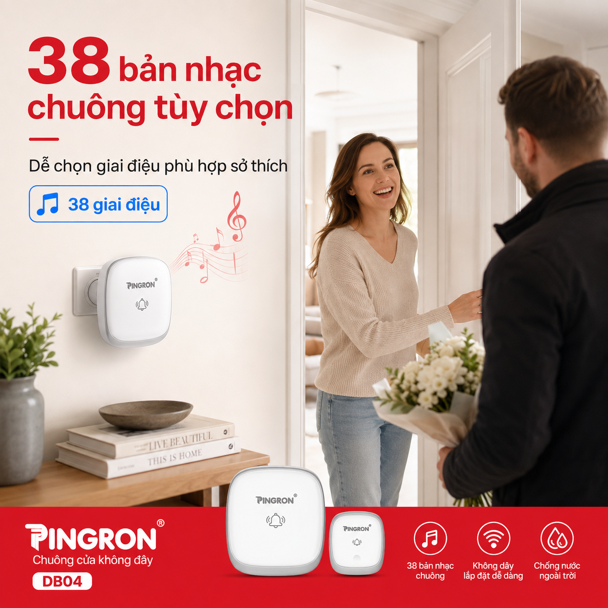 Chuông cửa không dây PINGRON DB04 có 38 bản nhạc chuông tùy chọn