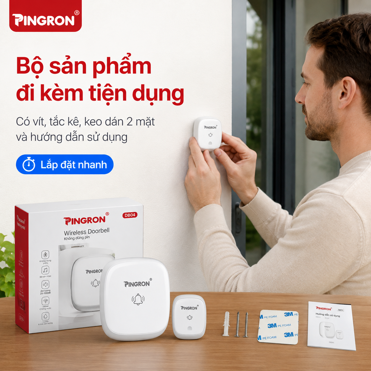 ChuôBộ chuông cửa PINGRON DB04ng cửa không dây không dùng pin PINGRON DB04 | Chống Nước, 38 Kiểu Chuông – ảnh 3