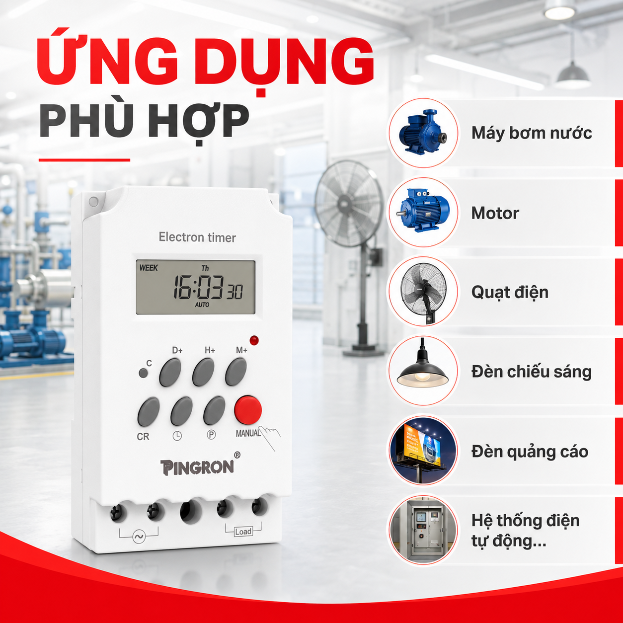 Công tắc hẹn giờ PINGRON CTH30 dùng cho máy bơm motor quạt đèn và hệ thống điện