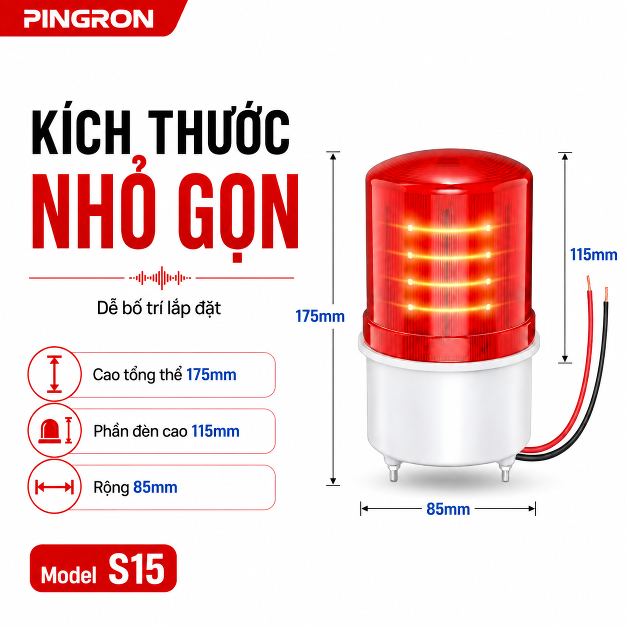 Kích thước đèn còi PINGRON S15 cao 175mm rộng 85mm