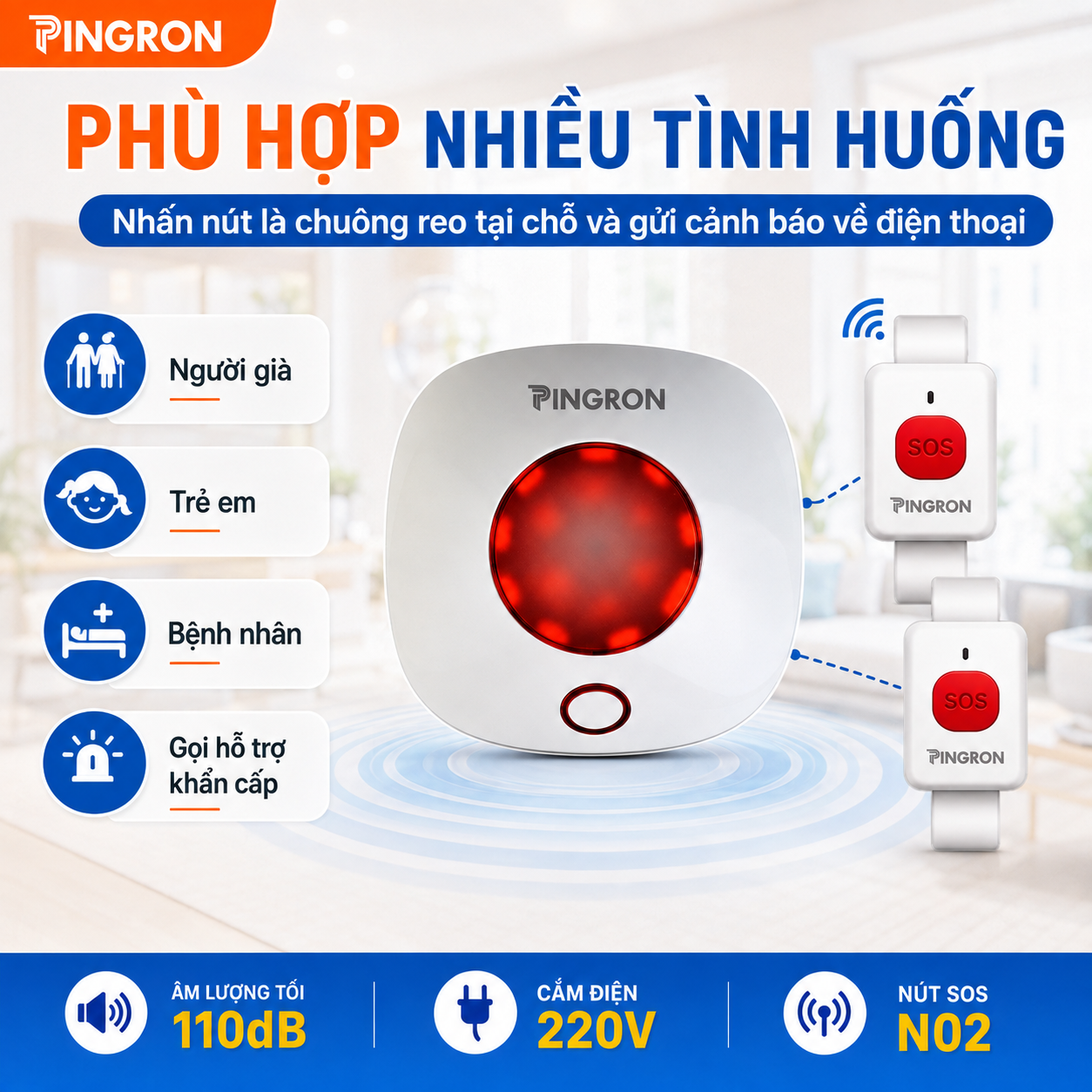 Chuông báo khẩn cấp người già Pingron S016W kèm nút SOS N03 / N02 / DB06 – ảnh 4