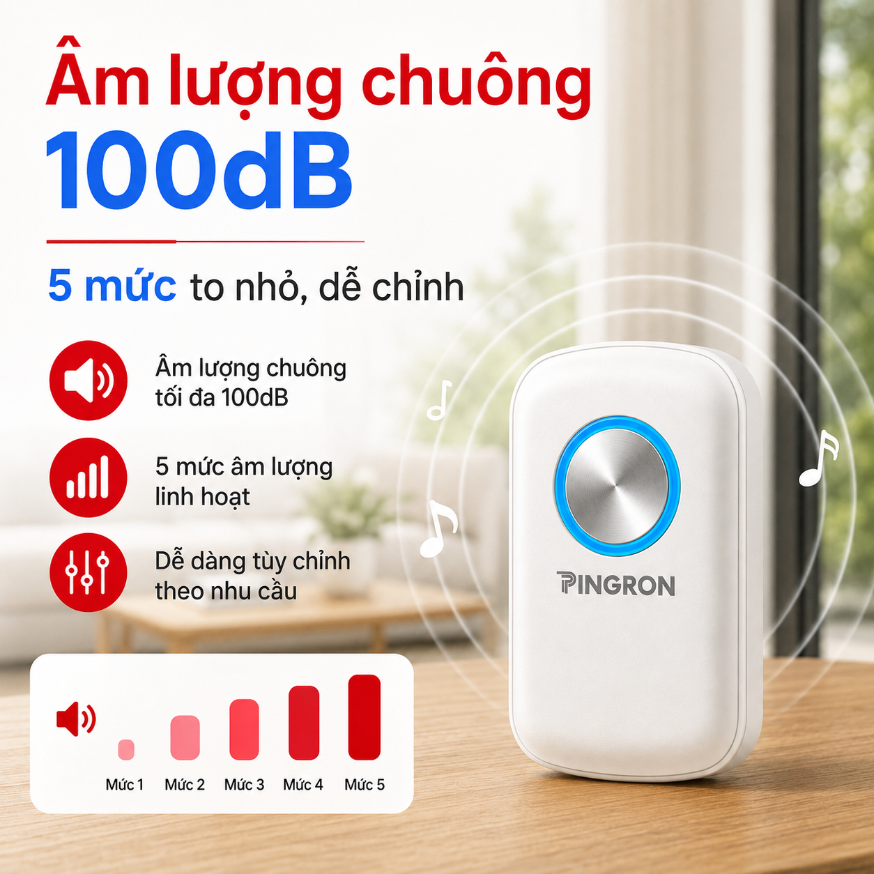 Chuông PINGRON CP10 âm lượng tối đa 100 dB với 5 mức điều chỉnh