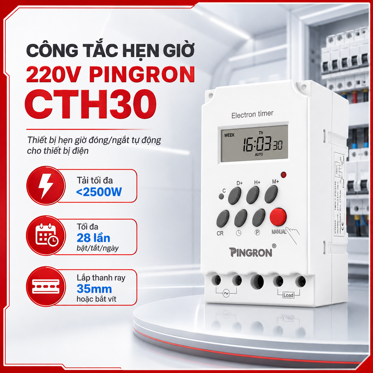 Công Tắc Hẹn Giờ 220V PINGRON CTH30 | Timer Hẹn Giờ Chịu Tải 25A