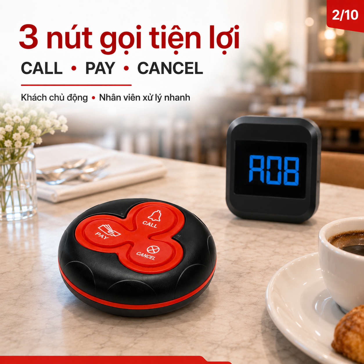 Nút chuông gọi phục vụ PINGRON PV07 với 3 chức năng CALL PAY và CANCEL