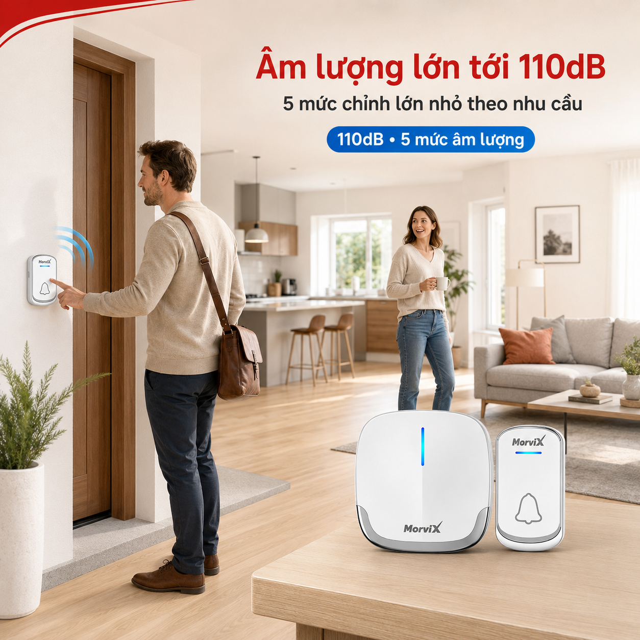 Chuông cửa MORVIX MD01 âm lượng tối đa 110dB với 5 mức điều chỉnh