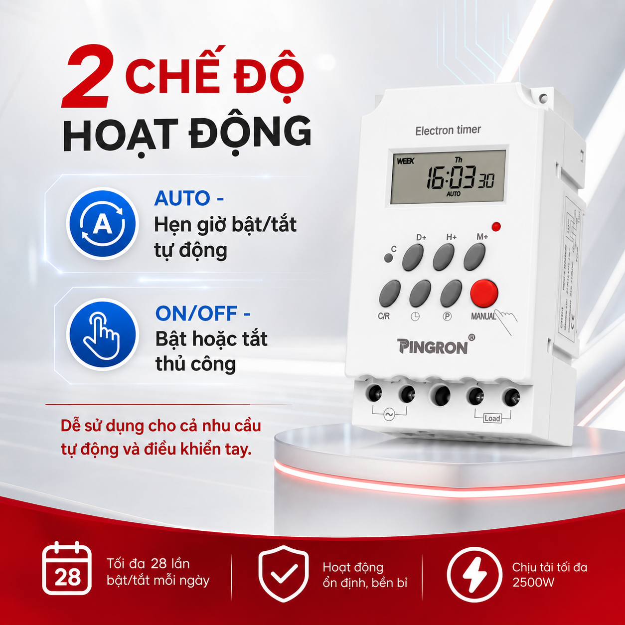 Công tắc hẹn giờ PINGRON CTH30 có chế độ AUTO và bật tắt thủ công