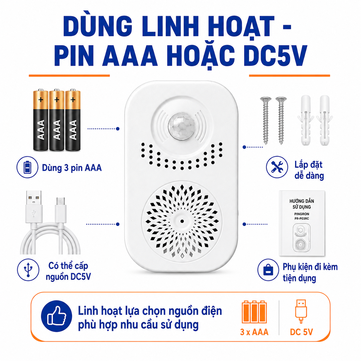 Chuông Báo Khách Tự Động PINGRON PR-P15RC Cảm Biến Hồng Ngoại, Ghi Âm Tiếng Việt – ảnh 5