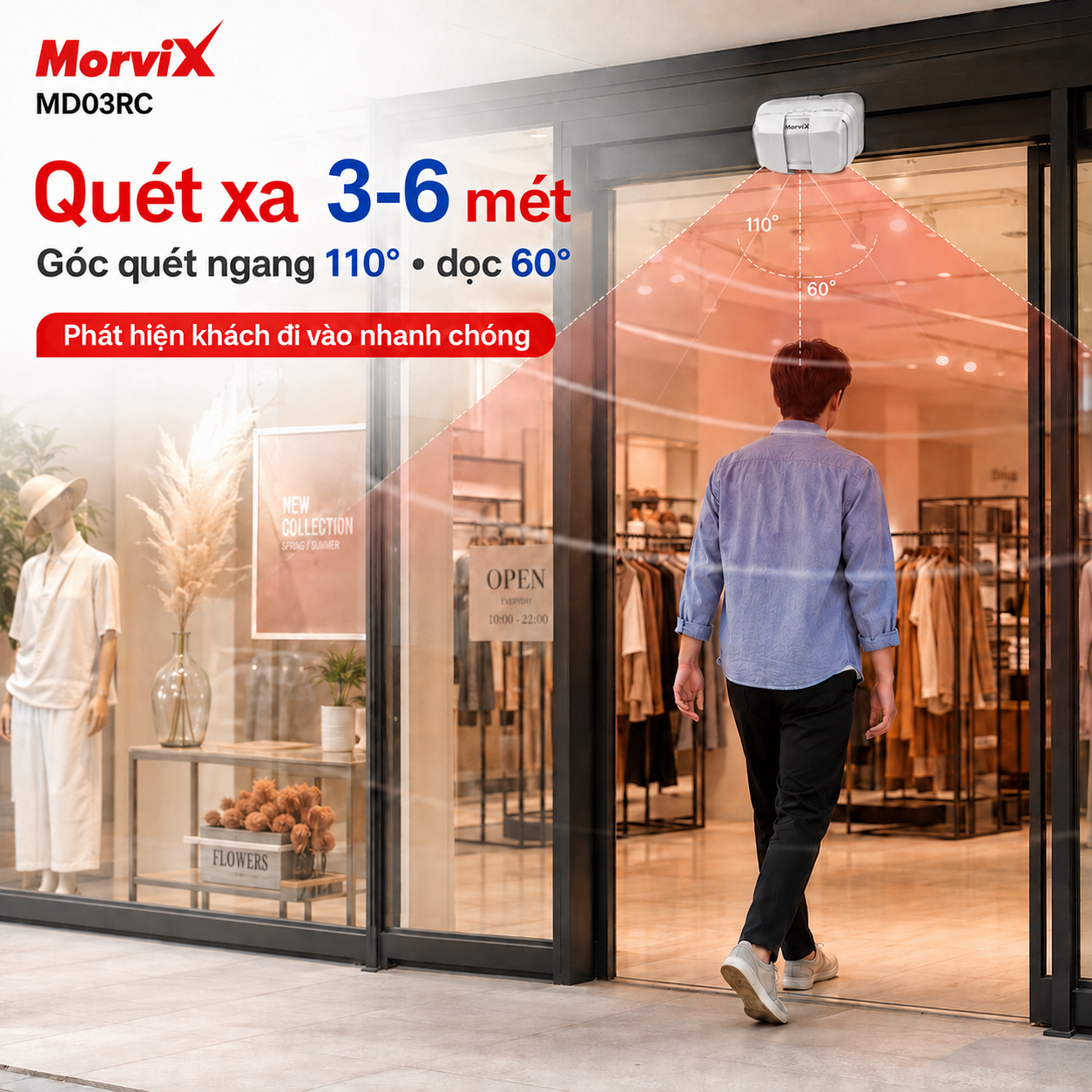 Cảm biến chuông báo khách MORVIX MD03RC quét xa 3 đến 6 mét góc ngang 110 độ