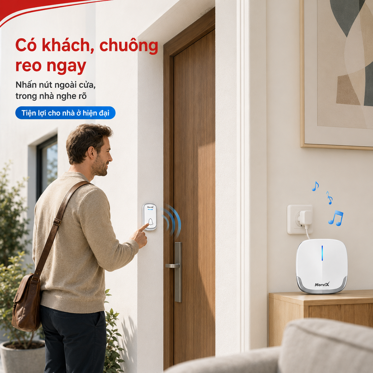 Khách nhấn nút chuông cửa MORVIX MD01 và chuông báo reo trong nhà