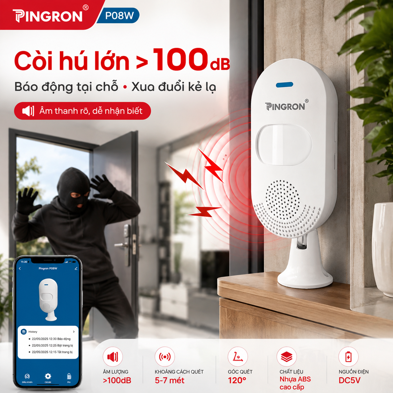 Pingron P08W tích hợp còi báo động trên 100 dB