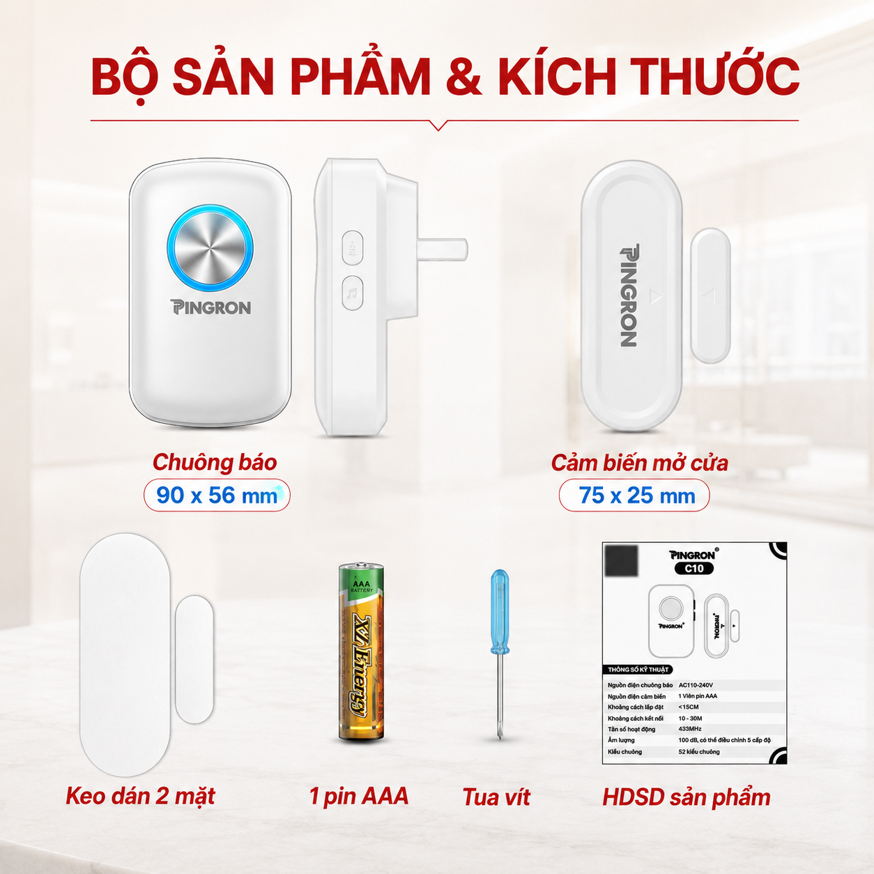 Bộ sản phẩm chuông báo khách gắn cửa PINGRON C10 gồm