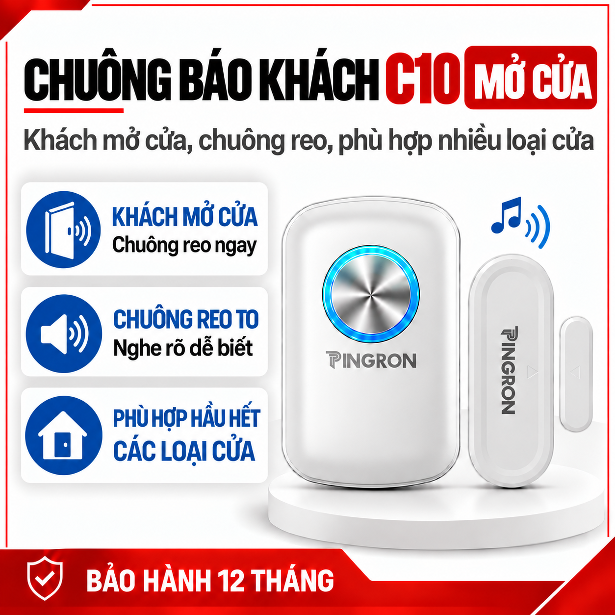 Chuông Báo Khách Gắn Cửa PINGRON C10 | 52 Kiểu Chuông, Âm Thanh Lớn 100dB
